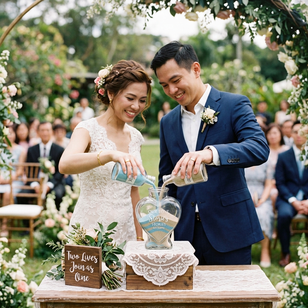 A couple pouring two colors of sand into a shared heart-shaped vase during their unity ceremony